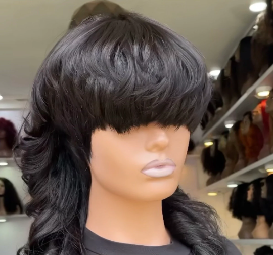 Luxury Kumba Girl- 13"4 black pixie bang 100% human hair transparent Mullet lace cut wig