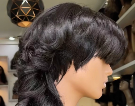 Luxury Kumba Girl- 13"4 black pixie bang 100% human hair transparent Mullet lace cut wig
