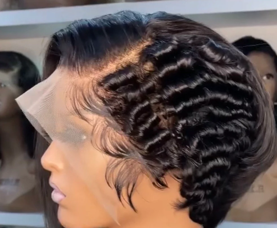 City Girl Summer- 13"4 black pixie 100% human hair transparent lace side cut wig