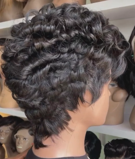 Nancy - 13"4 black pixie transparent lace shot cut wig