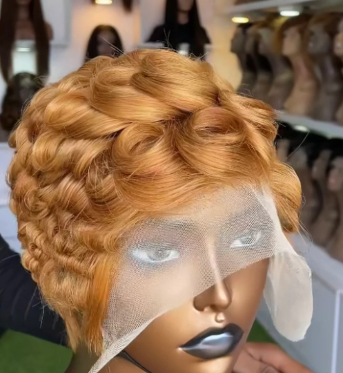 Brown Girl Summer- 13"4 black pixie transparent 100% human hair lace side cut wig
