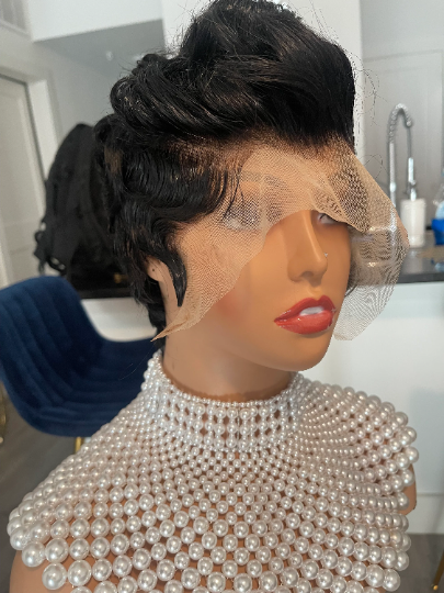 Rimena-13"4 transparent 100% human hair frontal lace short cut pixie frontal wig
