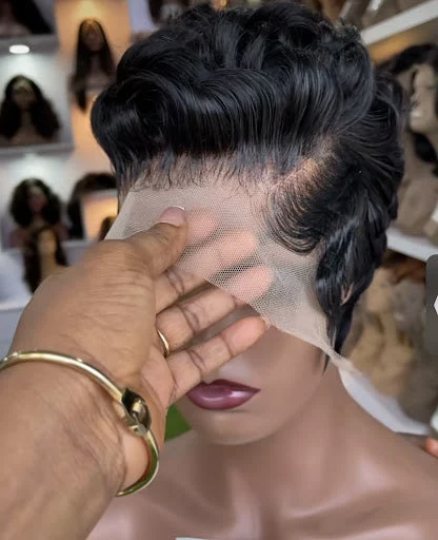 Rimena-13"4 transparent 100% human hair frontal lace short cut pixie frontal wig