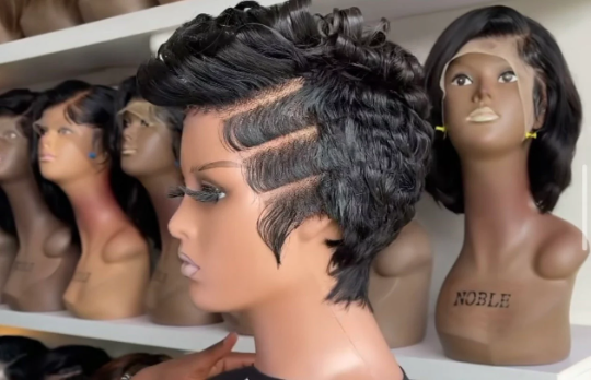 Mbeng-13*4 frontal glueless transparent 100% human hair closure lace black short cut pixie wig
