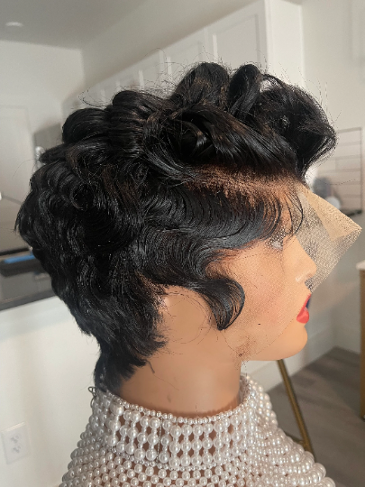 Rimena-13"4 transparent 100% human hair frontal lace short cut pixie frontal wig