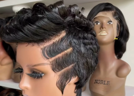 Mbeng-13*4 frontal glueless transparent 100% human hair closure lace black short cut pixie wig