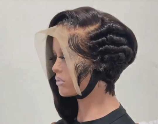Classy Girl Summer- 13"4 black pixie transparent 100% human hair lace side cut wig