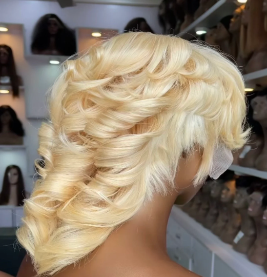 Cerla- 13"4 pixie 100% human hair transparent lace Mullet blonde wig