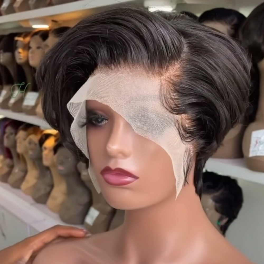 Short Black Transparent Frontal Pixie Wig-100% virgin human hair. Great for summer can be bleached or dye to any color - Menkie Luxy