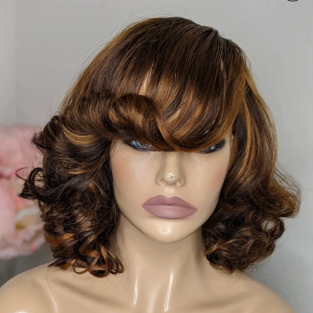 Full bouncy 100% Human Hair Wig- 12" Golden brown mix - Menkie Luxy