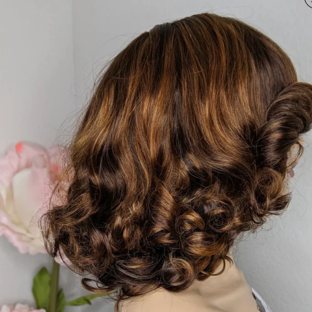 Full bouncy 100% Human Hair Wig- 12" Golden brown mix - Menkie Luxy