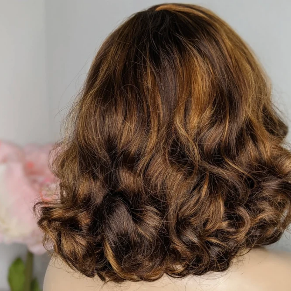 Full bouncy 100% Human Hair Wig- 12" Golden brown mix - Menkie Luxy
