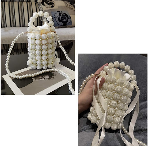 Handmade Pearl Beaded Evening Handbag Top Handle Purse with InnerBag & DustBag