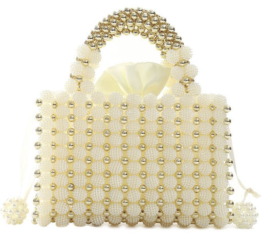 Handmade Pearl Beaded Evening Handbag Top Handle Purse with InnerBag & DustBag