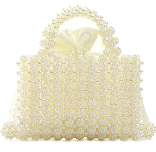 Handmade Pearl Beaded Evening Handbag Top Handle Purse with InnerBag & DustBag