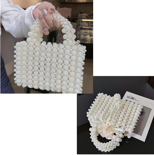 Handmade Pearl Beaded Evening Handbag Top Handle Purse with InnerBag & DustBag
