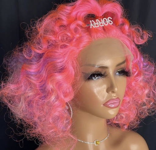 Nicki -13"4 transparent frontal lace pink curly bob wig - Menkie Luxy