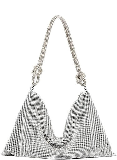 Rhinestone Purses for Women Chic Sparkly Evening Handbag Bling Hobo Bag Shiny Silver Clutch Purse for Party Club Wedding