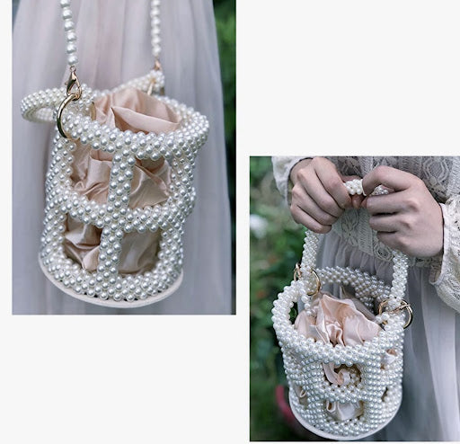 Handmade Pearl Beaded Evening Handbag Top Handle Purse with InnerBag & DustBag