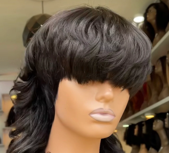 Luxury Kumba Girl- 13"4 black pixie bang 100% human hair transparent Mullet lace cut wig