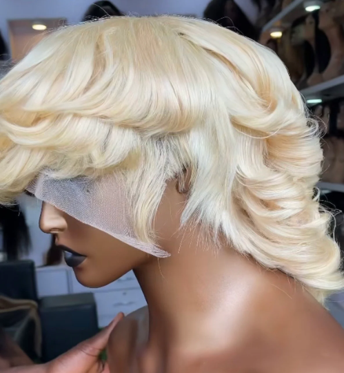 Cerla- 13"4 pixie 100% human hair transparent lace Mullet blonde wig