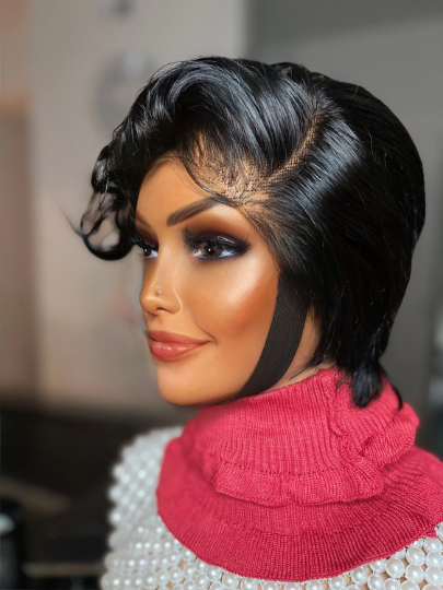 Glueless short black pixie 5”5 100% human hair closure lace wig