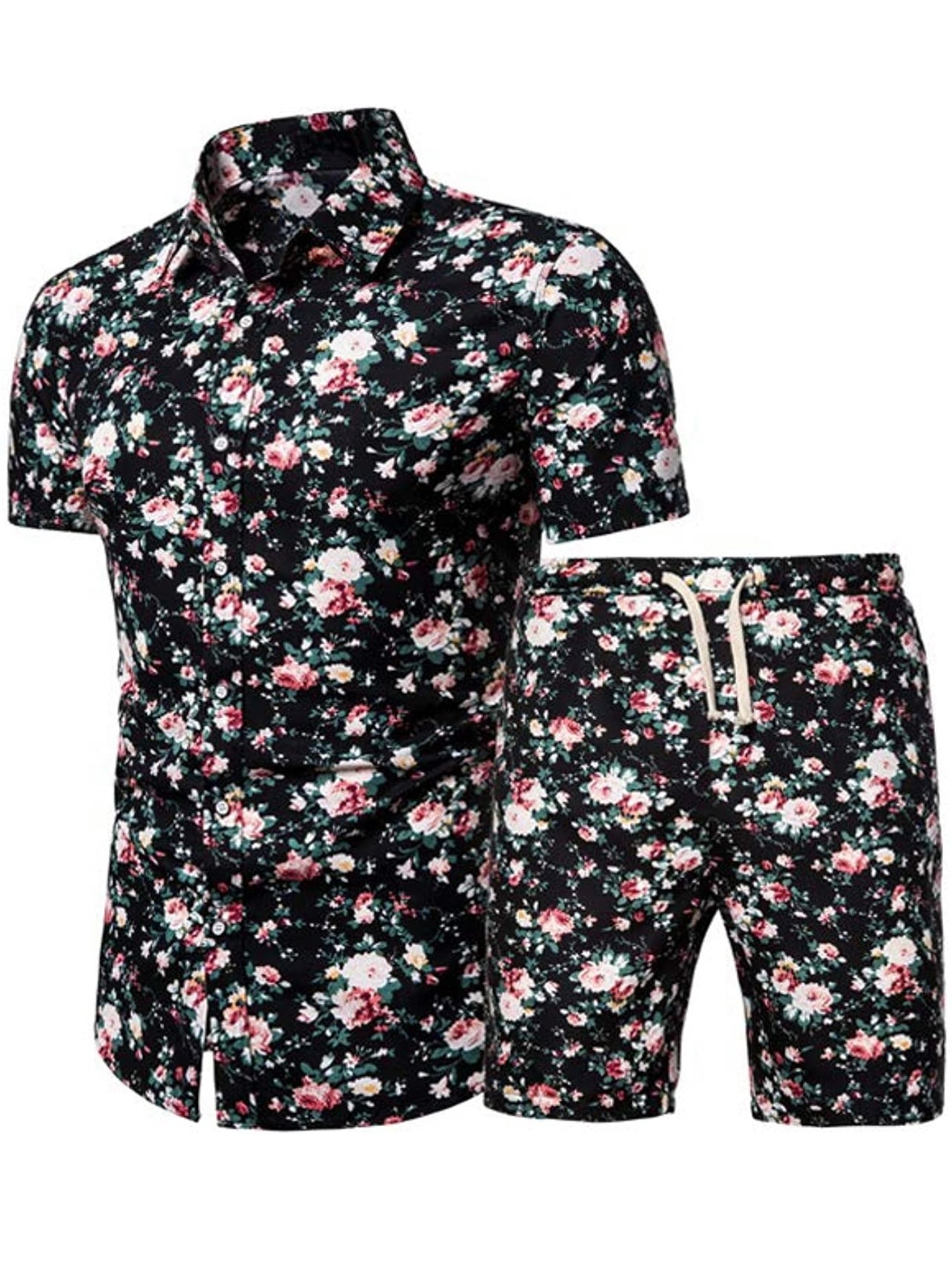 Men summer 2 piece Tracksuit Casual Button Down Short Sleeve Hawaiian Shirt and Shorts Suit