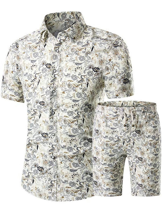 Men summer 2 piece Tracksuit Casual Button Down Short Sleeve Hawaiian Shirt and Shorts Suit