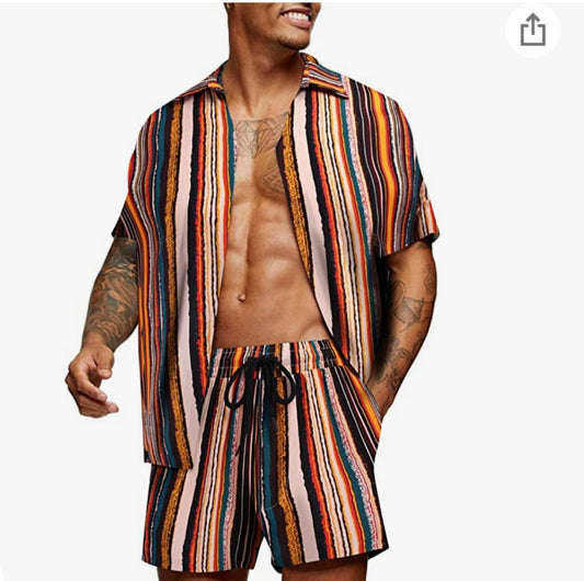 Men summer 2 piece Tracksuit Casual Button Down Short Sleeve Hawaiian Shirt and Shorts Suit