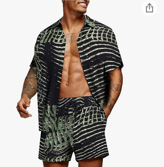 Men summer 2 piece Tracksuit Casual Button Down Short Sleeve Hawaiian Shirt and Shorts Suit