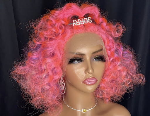 Nicki -13"4 transparent frontal lace pink curly bob wig - Menkie Luxy
