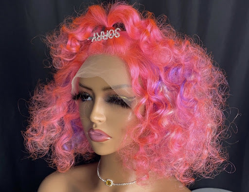 Nicki -13"4 transparent frontal lace pink curly bob wig - Menkie Luxy