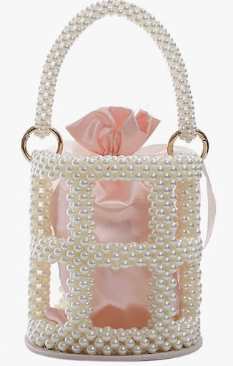 Handmade Pearl Beaded Evening Handbag Top Handle Purse with InnerBag &amp; DustBag